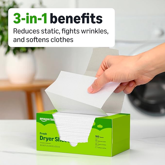 Amazon Basics Dryer Sheets, Fresh, Laundry Fabric Softener, 160 Count