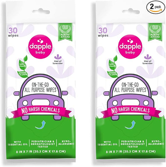 Dapple Baby All Purpose Wipes, Hypoallergenic & Powered by Plants Cleaning Wipes, Hint of Lavender, 30 Count (Pack of 2)