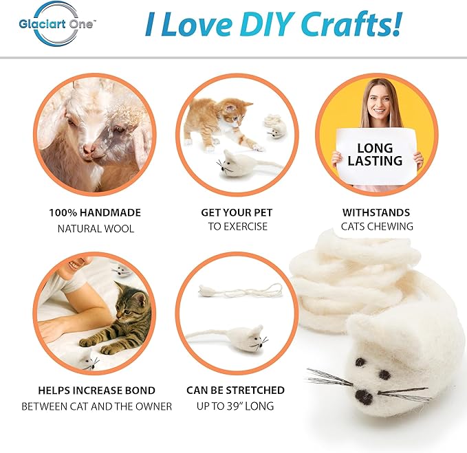 Glaciart One Felt Mouse Cat Toy – Soft Fuzzy Enrichment 100% Natural Wool - Interactive Catnip Play Cat Toy Set - Safe for Pets, Non-AZO Colored Dyes - 42” Long