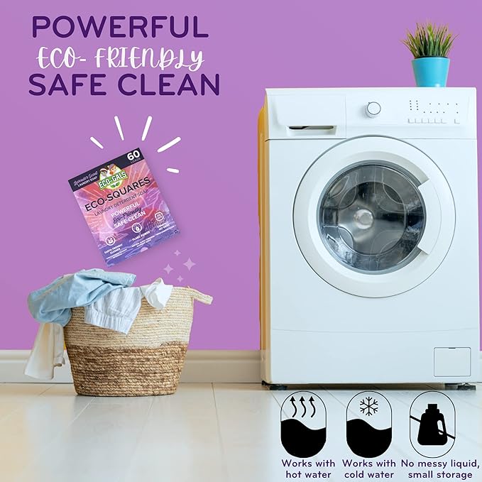 Eco-Squares laundry detergent sheets with zero waste dry soap technology for cleaning linen and clothes in regular and high efficiency top and front load washing machines, Lavender