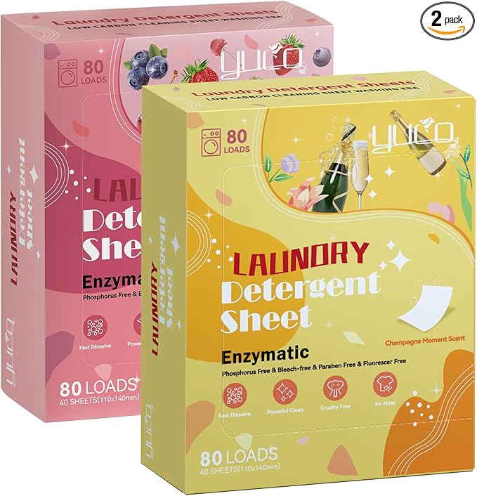 YUCO Laundry Detergent Sheets Berry and Champagne Scent Total 160 Loads, Laundry Soap Washer Sheet, Liquidless Laundry Detergent Sheets for Travel No Plastic, Hypoallergenic, Pack of 2