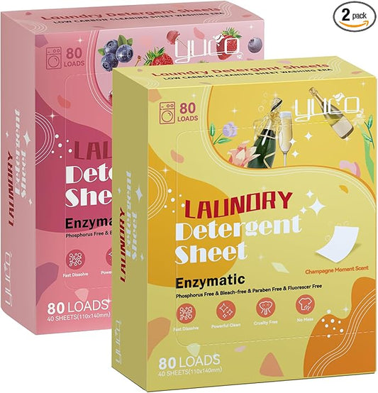 YUCO Laundry Detergent Sheets Berry and Champagne Scent Total 160 Loads, Laundry Soap Washer Sheet, Liquidless Laundry Detergent Sheets for Travel No Plastic, Hypoallergenic, Pack of 2