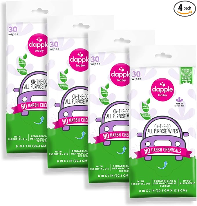 Dapple Baby All Purpose Wipes, Hint of Lavender, Plant Powered, Hypoallergenic, 30 Count (Pack of 4)