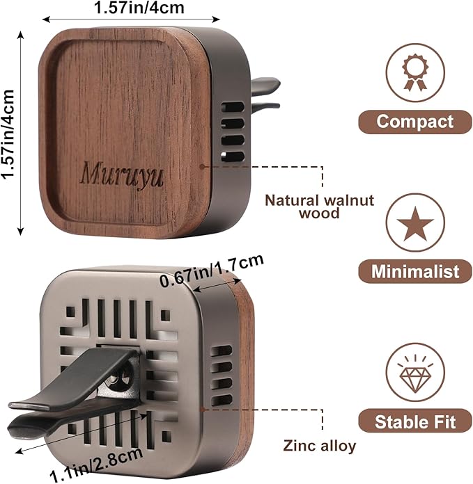 Car Vent Diffuser, Walnut Wood & Zinc Alloy with Magnetic Cover, Refillable Car Air Freshener with 2 Refill Pads (No Essential Oils)