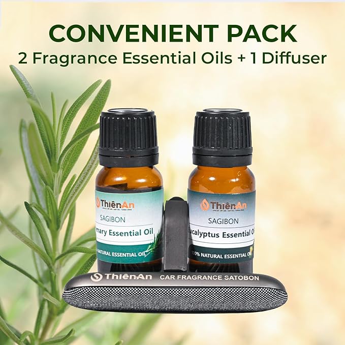 THIEN AN - Car Air Fresheners Set Rosemary and Eucalyptus Scents Natural Car Fragrance Satobon with Car Diffuser (10ml) Car Vent Clips, Refillable Car Air Fresheners