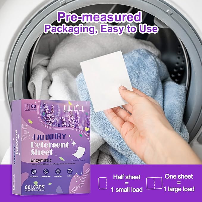YUCO Laundry Detergent Sheets Lavender Scent 80 Loads Eco Friendly Laundry Soap Washer Sheets Liquidless Laundry Detergent Sheet for Travel No Plastic Hypoallergenic