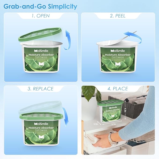 Moisture Absorbers, Efficient Fresh Scent Humidity Absorber ＆ Odor Eliminator Boxes, Refillable Car Dehumidifier for Closet, Bathroom, Basement＆ RV, 3 Pack