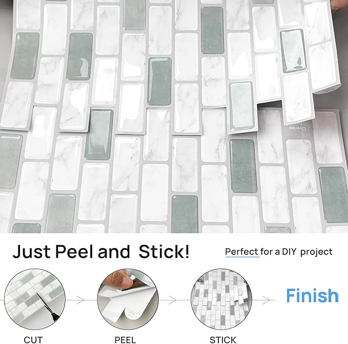 Peel and Stick Backsplash Tile, 10-Sheet Sage Green Self Adhesive Marble Tile, Stick on Backsplash for Kitchen and Bathroom, 12"x12" Wall Tiles with Marble Look