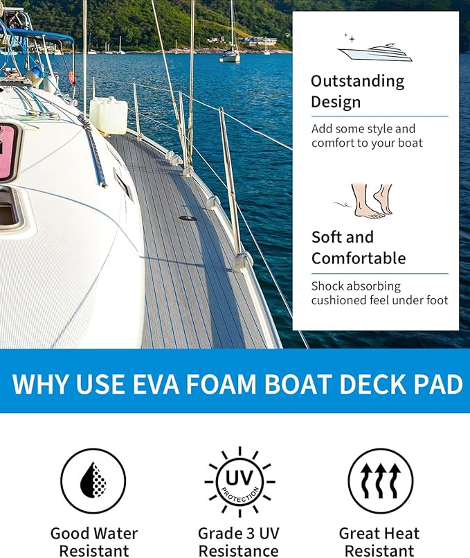 OCEANBROAD EVA Foam Boat Flooring with 3M Adhesive Backing Marine Self-Adhesive Decking 96''x45.6''/36''/28.8''/16.8'', 48''x16.8'' Faux Teak Sheet for Jon Boats Swim Platform Helm Pad RV Floor