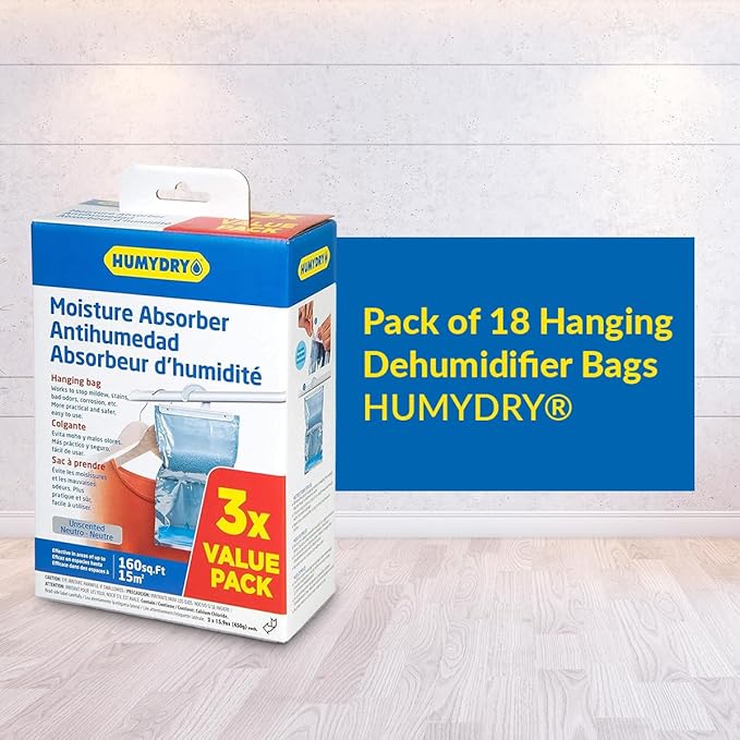 HUMYDRY Hanging Moisture Absorber Bags, 18 Count, 6 Packs of 3 Unscented 15.9 Oz Dehumidifiers for Closets Wardrobes Storage Areas, Non Electric Humidity Absorbers for Small Enclosed Spaces