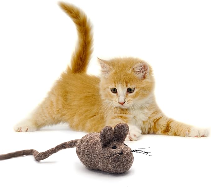 Glaciart One Felt Mouse Cat Toy – Soft Fuzzy Enrichment 100% Natural Wool - Interactive Catnip Play Cat Toy Set - Safe for Pets, Non-AZO Colored Dyes - 100” Long