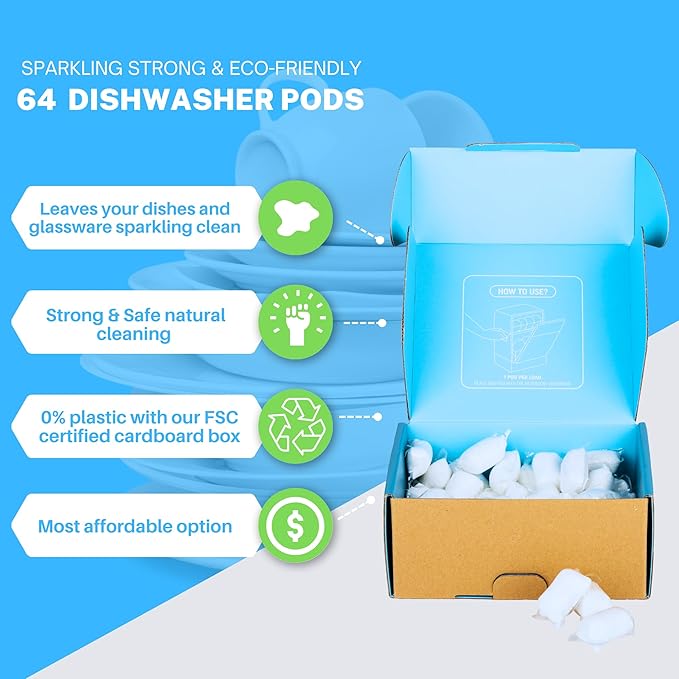 Dishwasher Detergent Pods Free & Clear, Unscented, Eco Friendly, Cuts Grease, 64 Count, Powerful Formula for Sparkling Clean Dishes, Automatic Dishwasher Safe