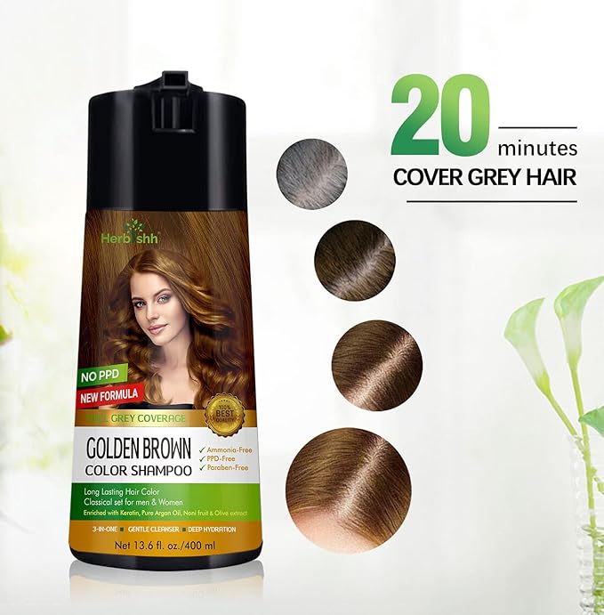 Herbishh Color Enriched Shampoo for Gray Hair Golden Brown 400 ML + Hair Color Stain Remover Wipes - Travel Pack With 5 Wipes