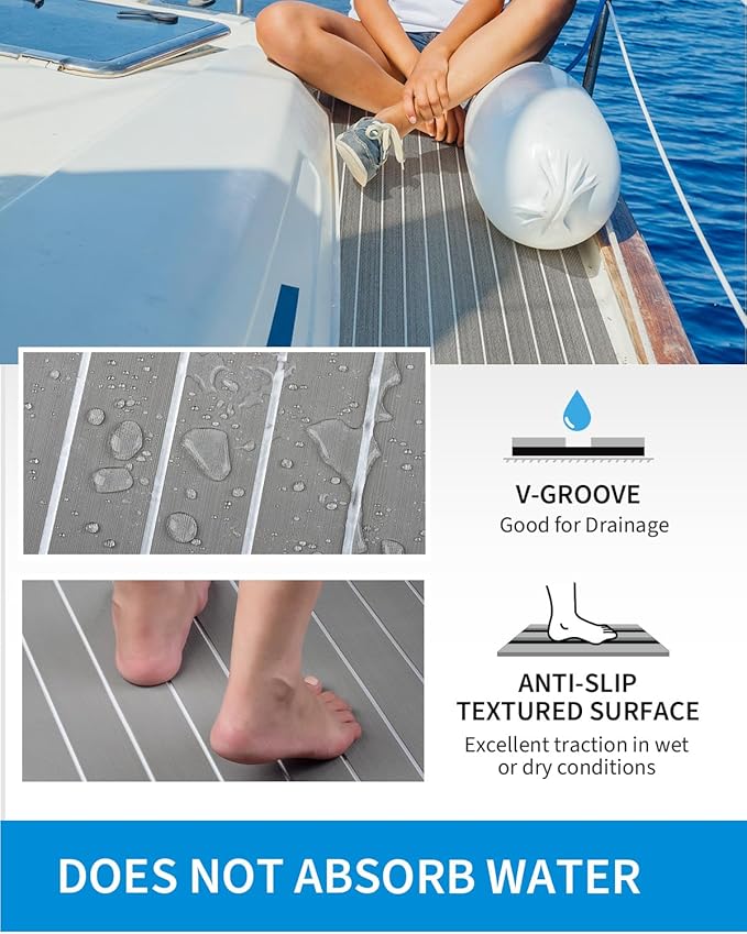 OCEANBROAD EVA Foam Boat Flooring with 3M Adhesive Backing Marine Self-Adhesive Decking 96''x45.6''/36''/28.8''/16.8'', 48''x16.8'' Faux Teak Sheet for Jon Boats Swim Platform Helm Pad RV Floor