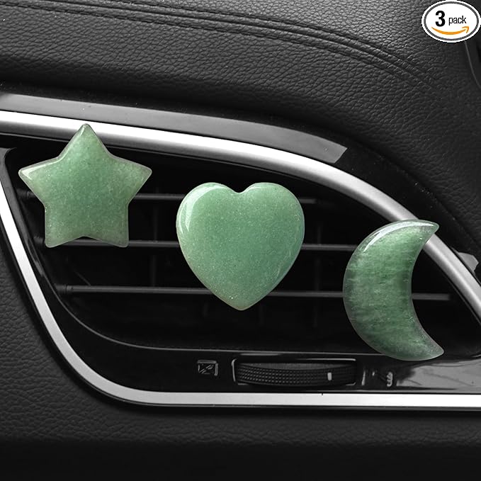 Set of 3 Crystal Stone Car Air Vent Clips, Moon Star Heart Quartz Charm Car Air Freshener Clip, Air Conditioning Outlet Clip, Cute Car Interior Decoration Accessories for Men Women (Green, Unscented)