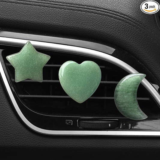Set of 3 Crystal Stone Car Air Vent Clips, Moon Star Heart Quartz Charm Car Air Freshener Clip, Air Conditioning Outlet Clip, Cute Car Interior Decoration Accessories for Men Women (Green, Unscented)