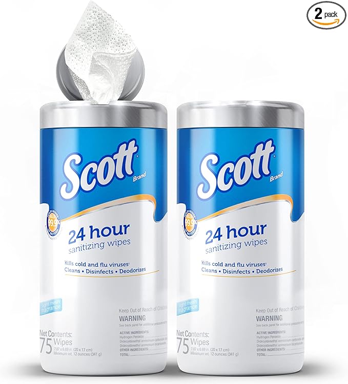 Scott 24 Hour Sanitizing Wipes – Multi-Surface Cleaning & Disinfecting, Continuous Sanitization for 24 Hours – (54478), 2 Canisters x 75 Count, 150 Wipes