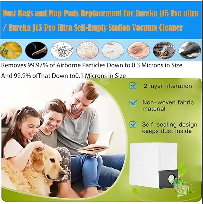 Dust Bags and Mop Pads Replacement For Eureka j15 Evo ultra / J15 Pro Ultra Self-Empty Station Vacuum Cleaner, Spare Parts Accessories
