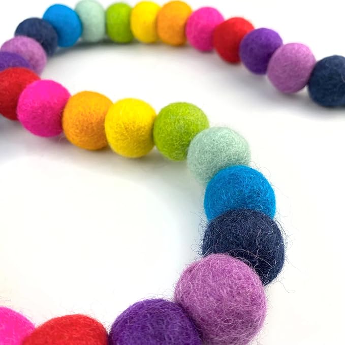 Garland for Wildflower by Hu Hands Rainbow Party - 100% Handmade Wool Felt Pom Poms - (50) Pure New Zealand Wool Felt Balls - DIY Pompoms - 0.8-1.0" Size - Drawstring Muslin Bag