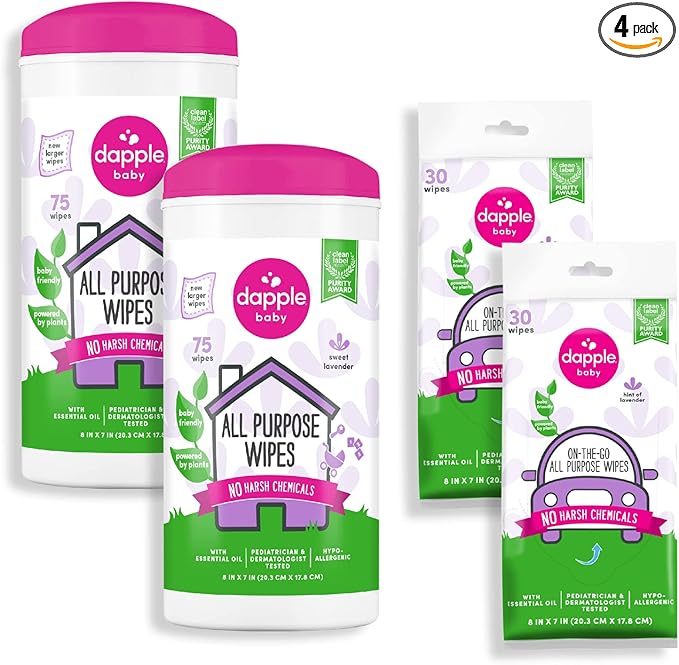 Dapple Baby All Purpose Wipes, Plant Powered, Hint of Lavender, Hypoallergenic, 75 Count Canister (Pack of 2) + 30 Count (Pack of 2)