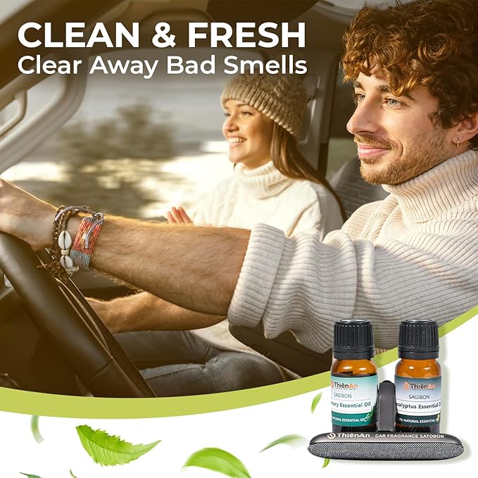 THIEN AN - Car Air Fresheners Set Rosemary and Eucalyptus Scents Natural Car Fragrance Satobon with Car Diffuser (10ml) Car Vent Clips, Refillable Car Air Fresheners