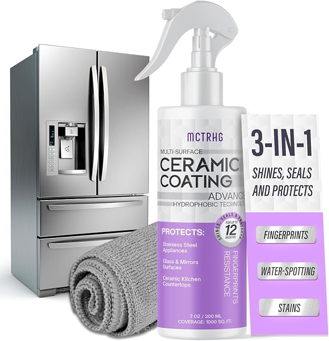 Ceramic Coating for Stainless Steel Appliances, Gloss & Shine Ceramic Coating Spray for Repelling Fingerprints, Grime & Stains on Stainless Steel, Sinks, Countertops, Glass in Home Kitchen & Bath