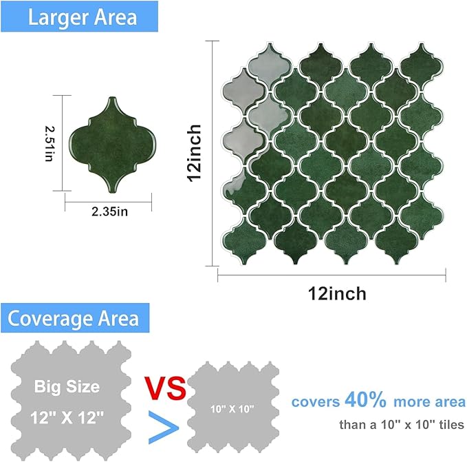 Arabesque Peel and Stick Backsplash for Kitchen, Thicker Design 3D Self Adhesive Wall Tiles, 12"x12" Adhesive Wall Backsplash, Green 10-Sheet Stick on Tile for Kitchen and Bathroom