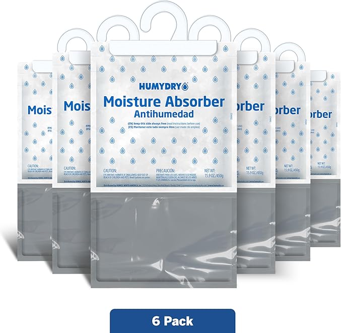 HUMYDRY Hanging Moisture Absorber for Closets, Pack of 6 Unscented 15.9 Oz Dehumidifier Bags, Non Electric Humidity Absorbers for Wardrobes Clothes Storage Areas and Small Enclosed Spaces