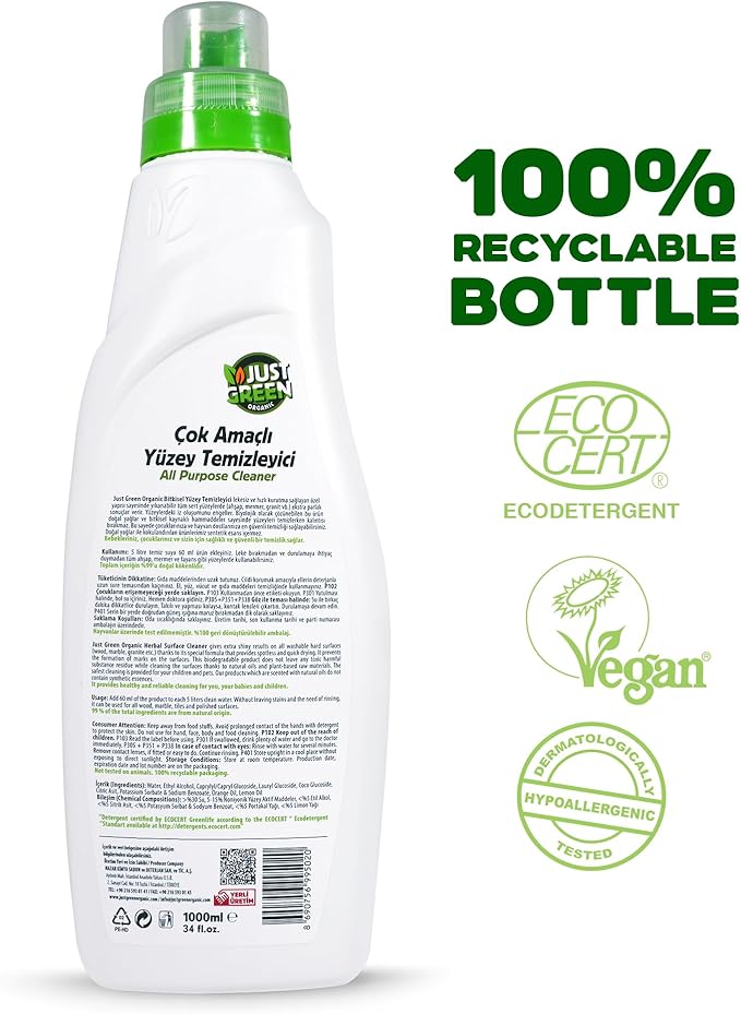 All Purpose Cleaner Spray, Plant-Based Multi-Surface Cleaner, Non-Toxic, Hypoallergenic, EcoCert Certified, Vegan, 34 fl oz (1000 ml)