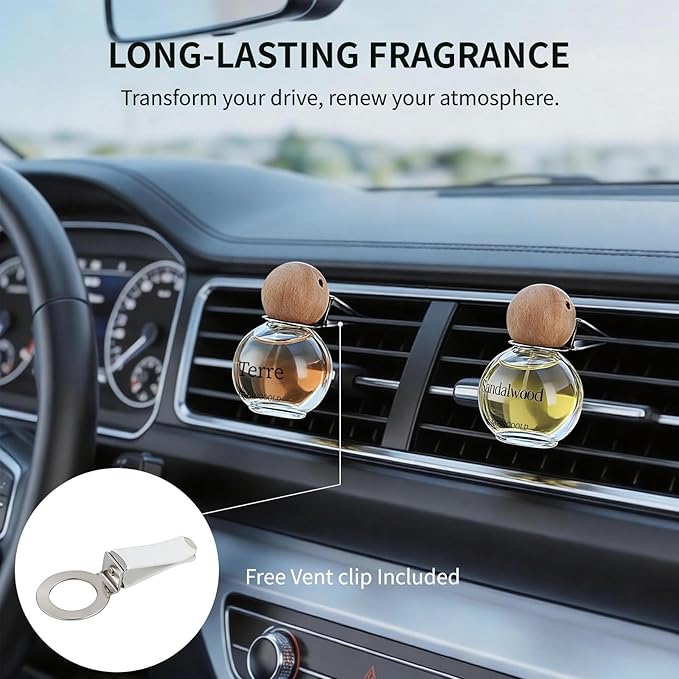 Car Air Freshener Hanging 2 Pack, Sandalwood & Terre Scent Essential Oil Diffuser Long Lasting Up to 150 Days, Cute Car Accessories with 2 Vent Clip for Women Men Gift, Odor Eliminator