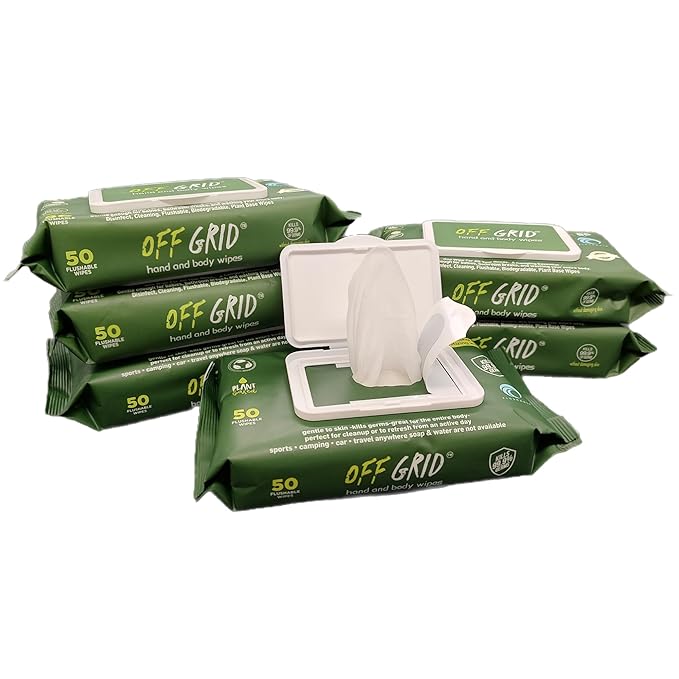 OFF GRID Hand and Body Wipes | Trusted Wipe of the US Military | Alcohol-Free Wipes | Plant-Based Wipes for Camping, Hiking, & More | Travel-Friendly & Flushable | 6 Pack