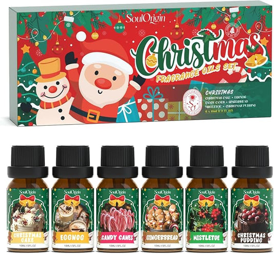 Christmas Essential Oils Set, Fragrance Oil Set for Diffuser, Scent Diffuser Oil for Candle Making-Christmas Cake, Eggnog, Candy Canes, Gingerbread, Mistletoe, Christmas Pudding