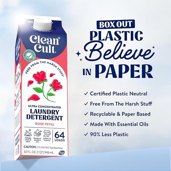 Cleancult Ultra Concentrated Liquid Laundry Detergent, 64 loads (32 oz), Long Lasting Scent, 90% Less Plastic, No Harsh Chemicals, Rose Petal, Defeats Stains & Odors, HE/Standard Compatible