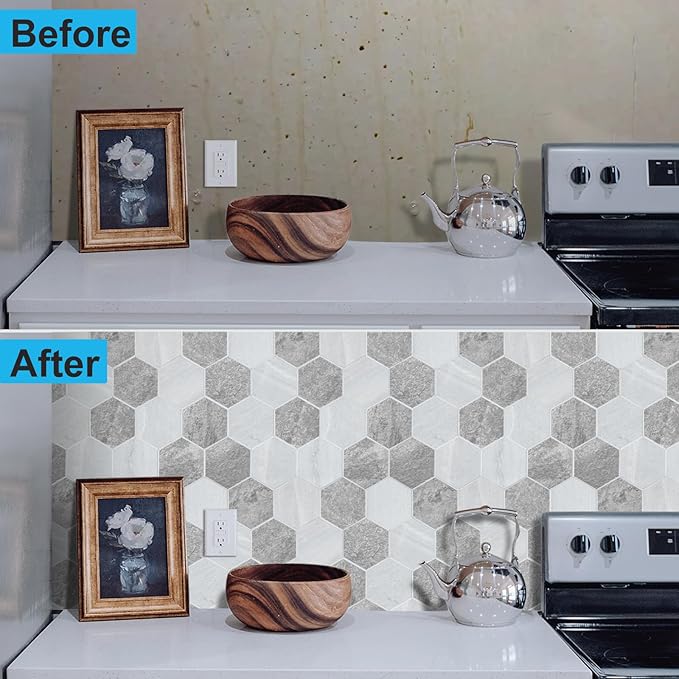 Thickened Hexagon Peel and Stick Tile Backsplash, New Upgrade Mixed Grey Waterproof Stick on Backsplash, Self-Adhesive Marble Tiles for Kitchen,Bathroom and Bedroom，10-Sheet.