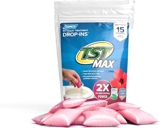 Camco TST MAX RV Toilet Treatment Drop-INs - Control Unwanted Odors & Break Down Waste and Tissue - Safe Septic Tank Treatment - Hibiscus Breeze Scent, 15-Pack (41600)