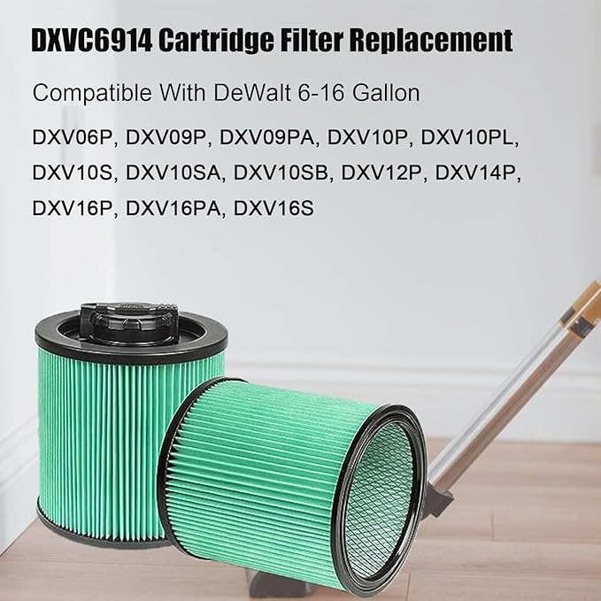 2pack DXVC6914 HEPA High Efficiency Cartridge Filter Fit for Dewalt 6-16 Gallon Wet/Dry Vacuum Cleaners with 2 Pack DXVA19-4101 Vacuum Bags