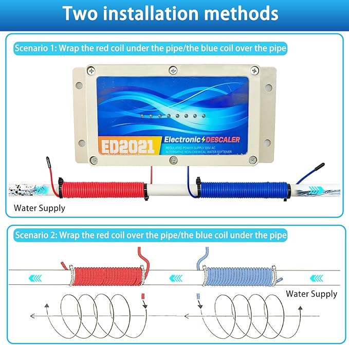 Whole House Electronic Water Descaler, Salt Free Hard Water Conditioner, Reduces Limescale and Rust Buildup, Easy Installation, Chemical Free Solution for Whole House