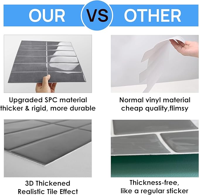 Peel and Stick Tile，New Upgrade Thicker Design Self Adhesive 12" x 12" Large Premium Peel and Stick Backsplash for Kitchen (Grey).