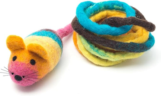 Glaciart One Felt Mouse Cat Toy – Soft Fuzzy Enrichment 100% Natural Wool - Interactive Catnip Play Cat Toy Set - Safe for Pets, Non-AZO Colored Dyes - 100” Long