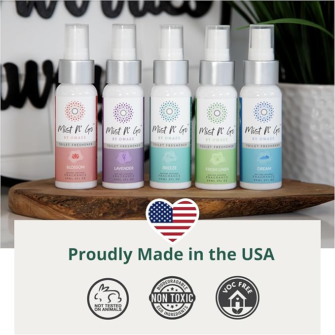 Mist N’ Go by Omaze Travel Bathroom Spray for Toilet Spray Odor Eliminator - Travel Toilet Spray for Bathroom Air Freshener Spray for Bathroom Deodorizer - Lavender Regular Size (2oz x5)