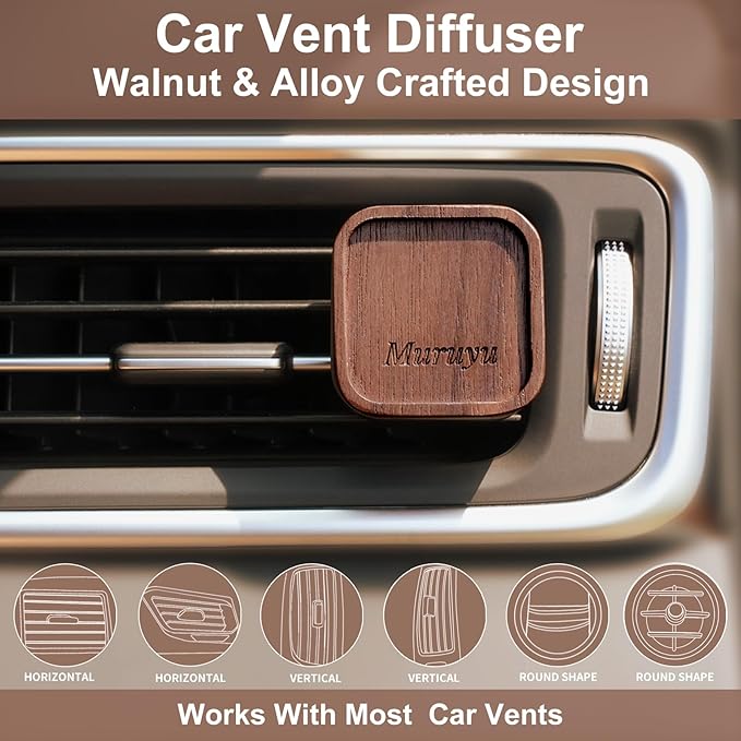 Car Vent Diffuser, Walnut Wood & Zinc Alloy with Magnetic Cover, Refillable Car Air Freshener with 2 Refill Pads (No Essential Oils)