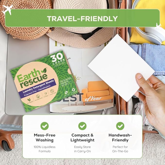 Earth Rescue Laundry Detergent Sheets - Up To 60 Loads (30 Sheets) - Unscented, Hypoallergenic, Concentrated Liquidless Dry Laundry Detergent, Ideal For Sensitive Skin, Eco Friendly - Fragrance Free