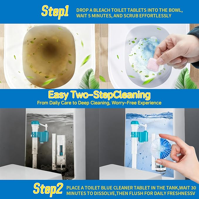 2-in-1 Toilet Cleaning Tablets (24 Pack) - 8 Effervescent Toilet Bowl Stain Remover and 16 Blue White Toilet Tank Cleaner Tablets - Limescale Removal for Septic System