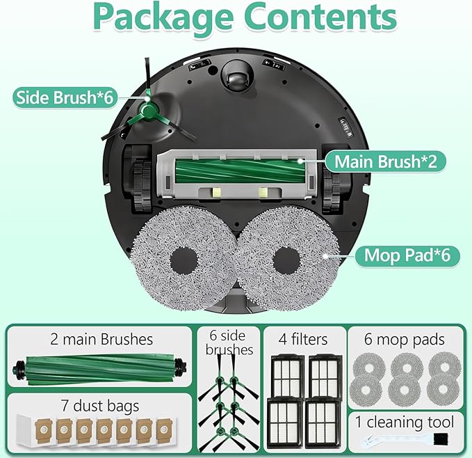 26 Pcs Replacement Parts Compatible with iRobot Plus 405/505/507 Combo Vacuum Cleaner Accessories, Includes 2 Main Brushes, 7 Dust Bags, 6 Mop Pads, 4 Filters, 6 Side Brushes and 1 Cleaning Tool