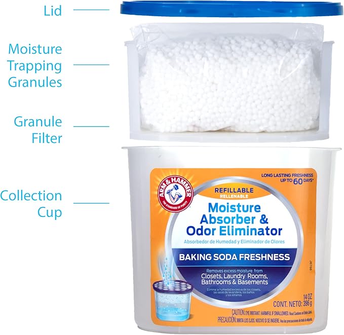 Arm & Hammer Fragrance Free Refillable Moisture Absorber and Odor Eliminator 14-Ounce Tub, 6-Pack, Attracts and Traps Excess Moisture for Fresher, Cleaner Air
