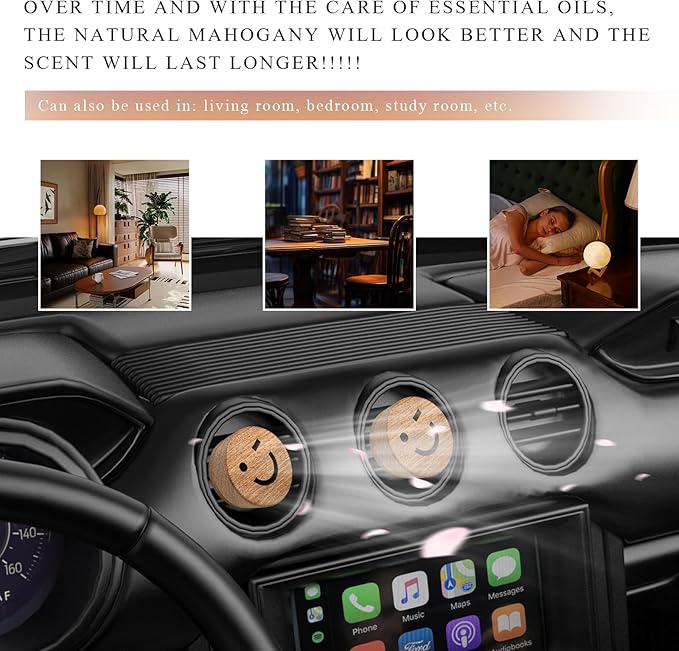 2 PCS Wood Car Essential Oil Diffuser, Wooden Aromatherapy Essential Oils Diffuser with Vent Clip, Wood Vent Clip Air Freshener for Vehicle Office Home Bedroom (Smile)