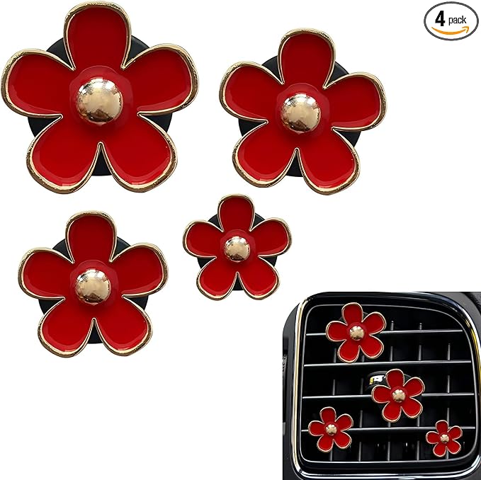 4 PCS Daisy Flower Car Air Freshener Vent Clips, Cute Car Accessories Air Conditioning Outlet Clips for Women, Universal Charm Interior Decor (Red)