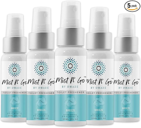 Mist N??Go by Omaze Travel Bathroom Spray for Toilet Spray Odor Eliminator - Travel Toilet Spray for Bathroom Air Freshener Spray for Bathroom Deodorizer - Breeze Regular Size (2oz x5)