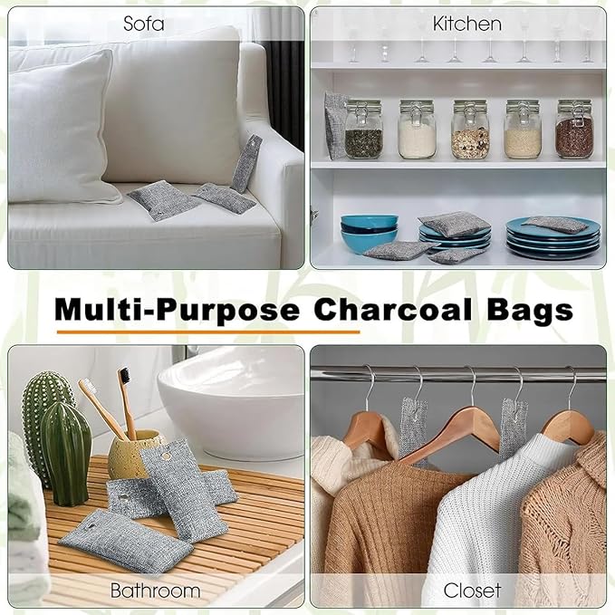 Activated Charcoal Air Purifying Bag (10 Pack 75g Each) Bamboo Charcoal Odor Absorber Air Freshener for Shoes, Closet, Car, Gray