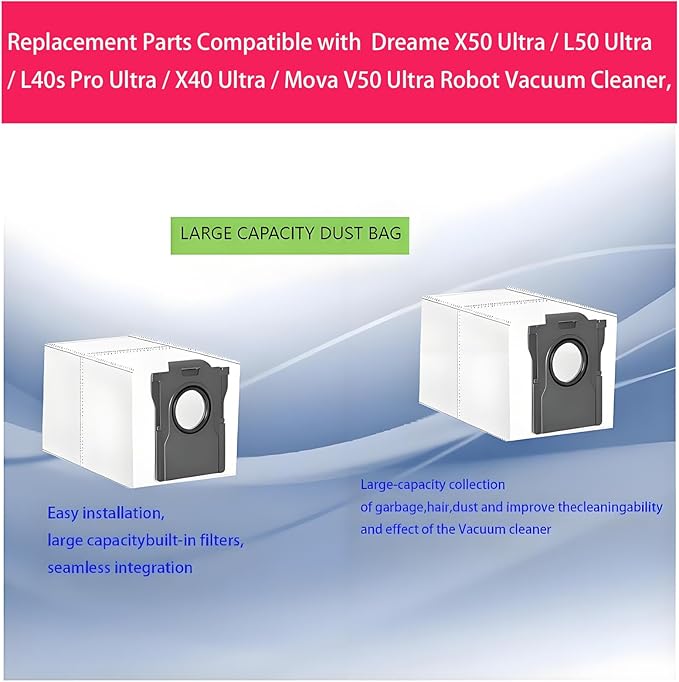 Dust Bags and Mop Pads Replacement for Dreame X50 Ultra / L50 Ultra / L40s Pro Ultra / X40 Ultra/Mova V50 Ultra: 14 Pack used for Pet Hair, Dirt, and Debris on All Floor Surfaces